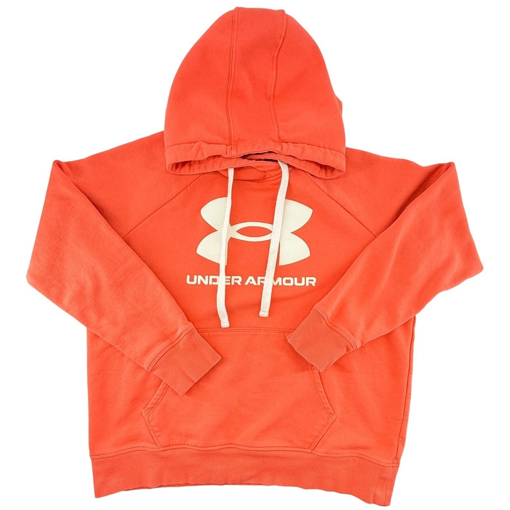 Under Armour Hoodie Mens Medium Orange Big Logo Pullover Sweatshirt Loose Fit